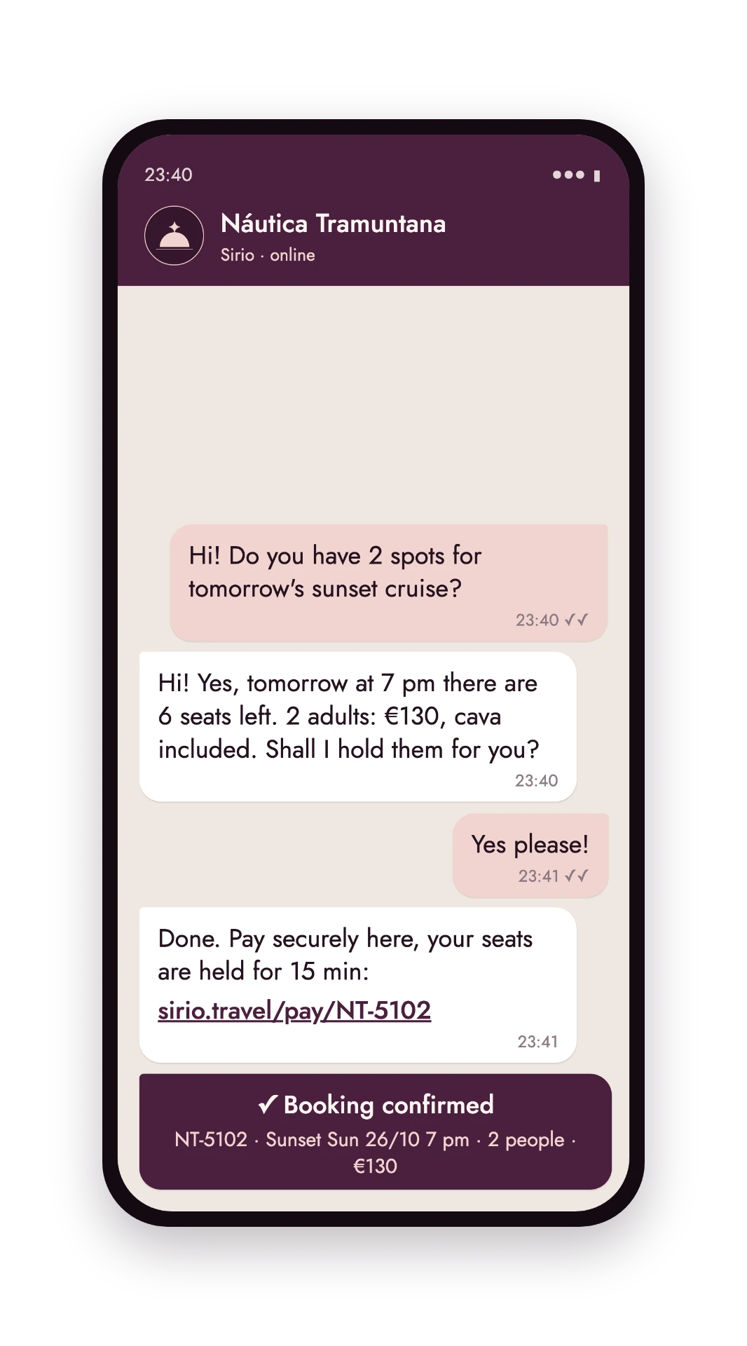 Conversación de WhatsApp en inglés: reserva del sunset confirmada para 2 personas