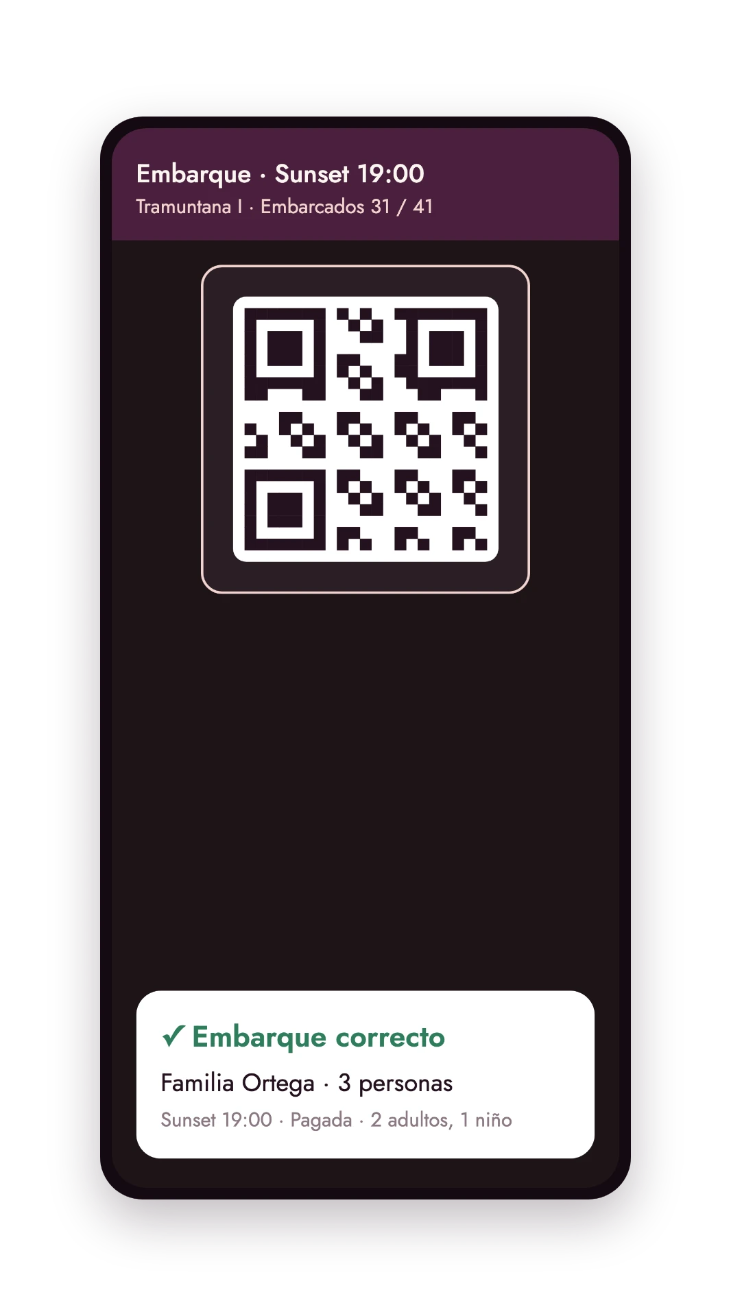 Ticket con código QR para el check-in en el muelle
