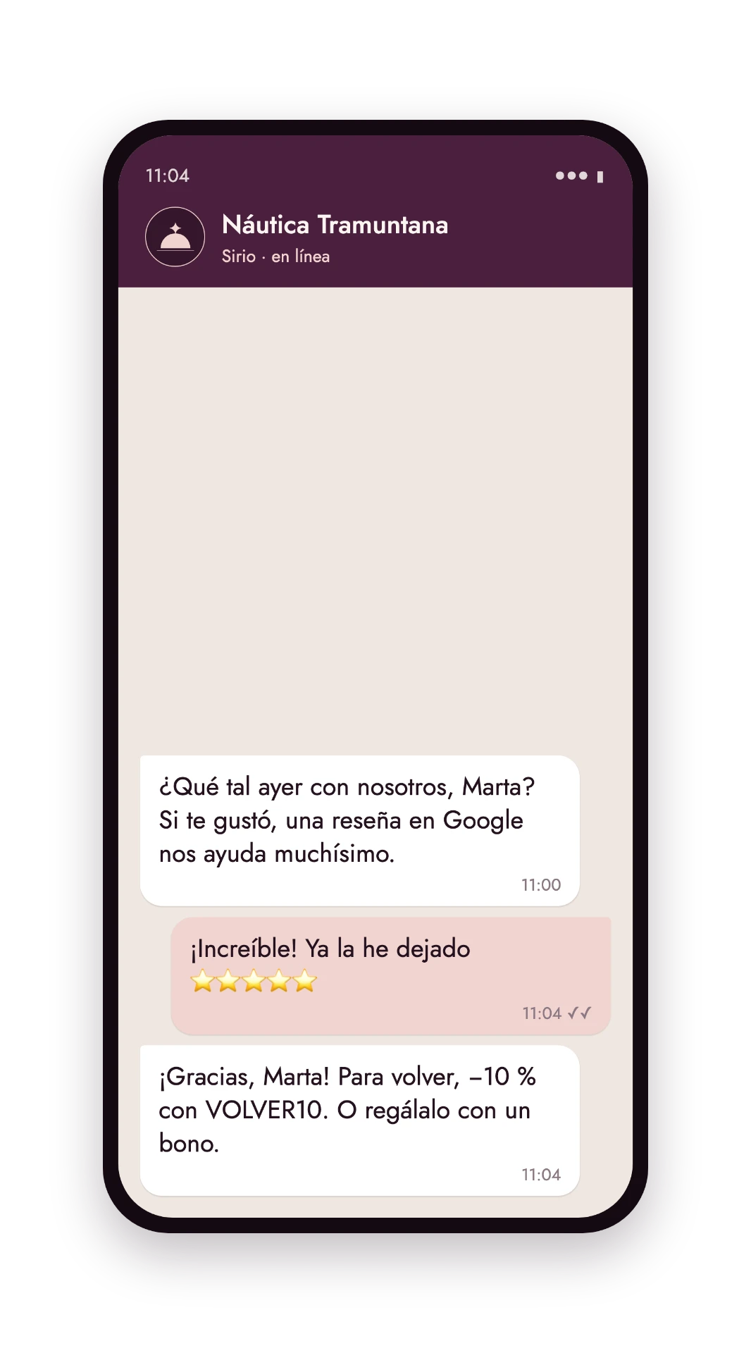 Sirio pide la reseña al cliente después de la excursión
