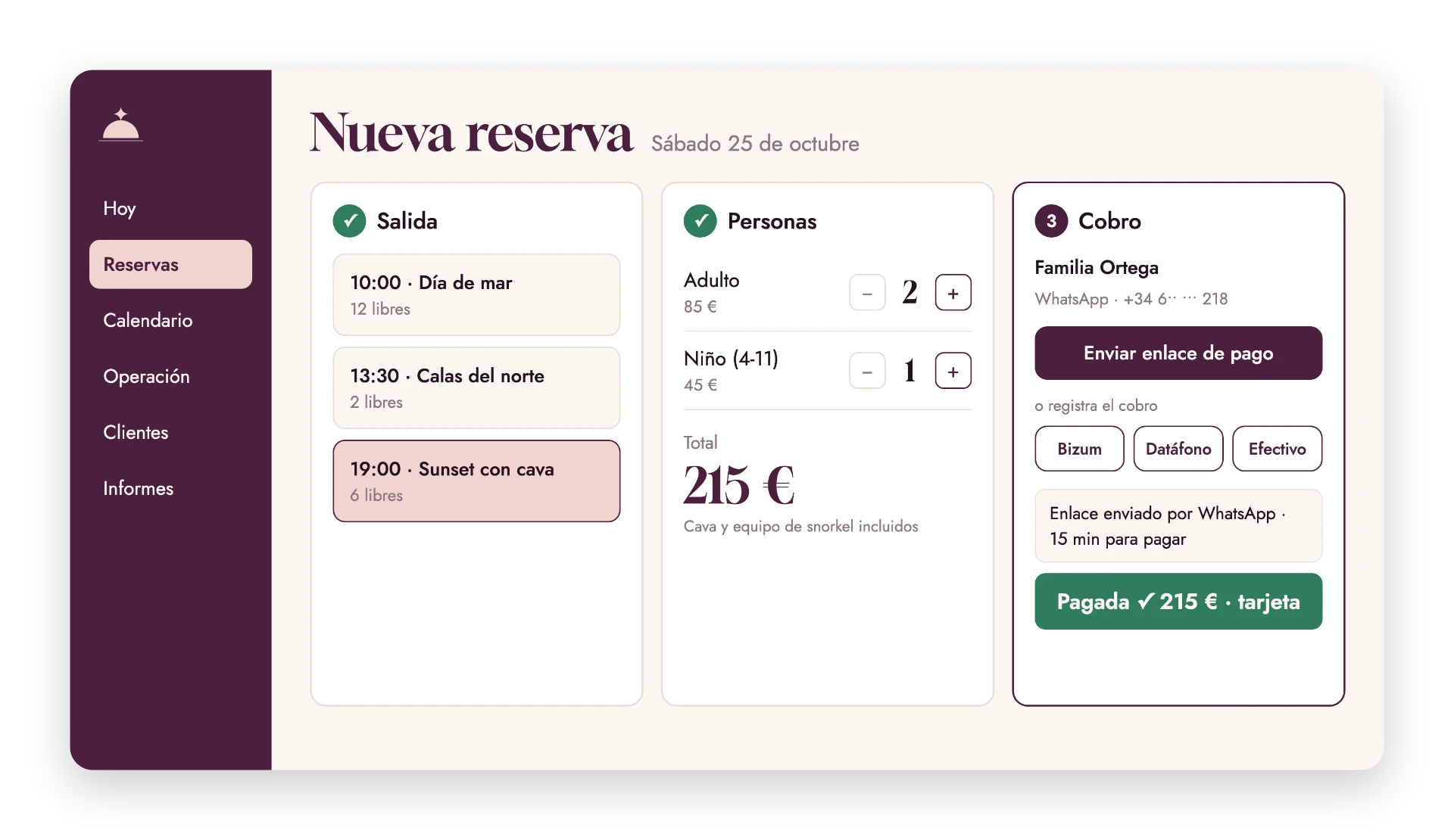 Nueva reserva: salida, personas y cobro con enlace de pago