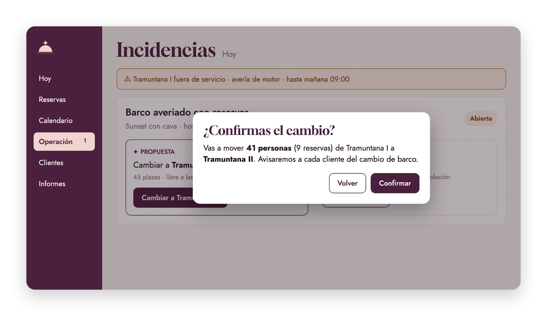 Incidencia: cambio de barco confirmado para todas las reservas